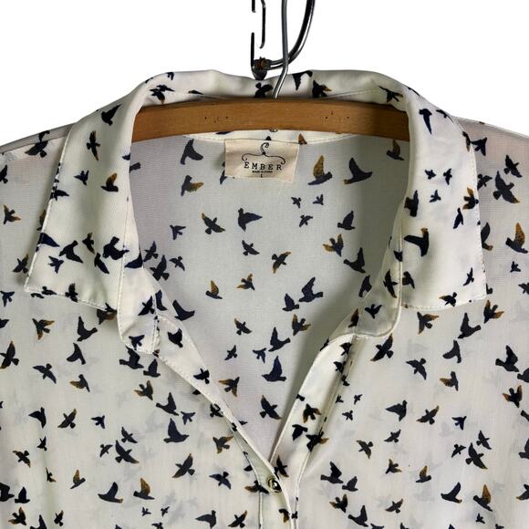 EMBER Sheer Long Sleeve Button Front Bird Pattern Woman’s Blouse Size L - Picture 2 of 10